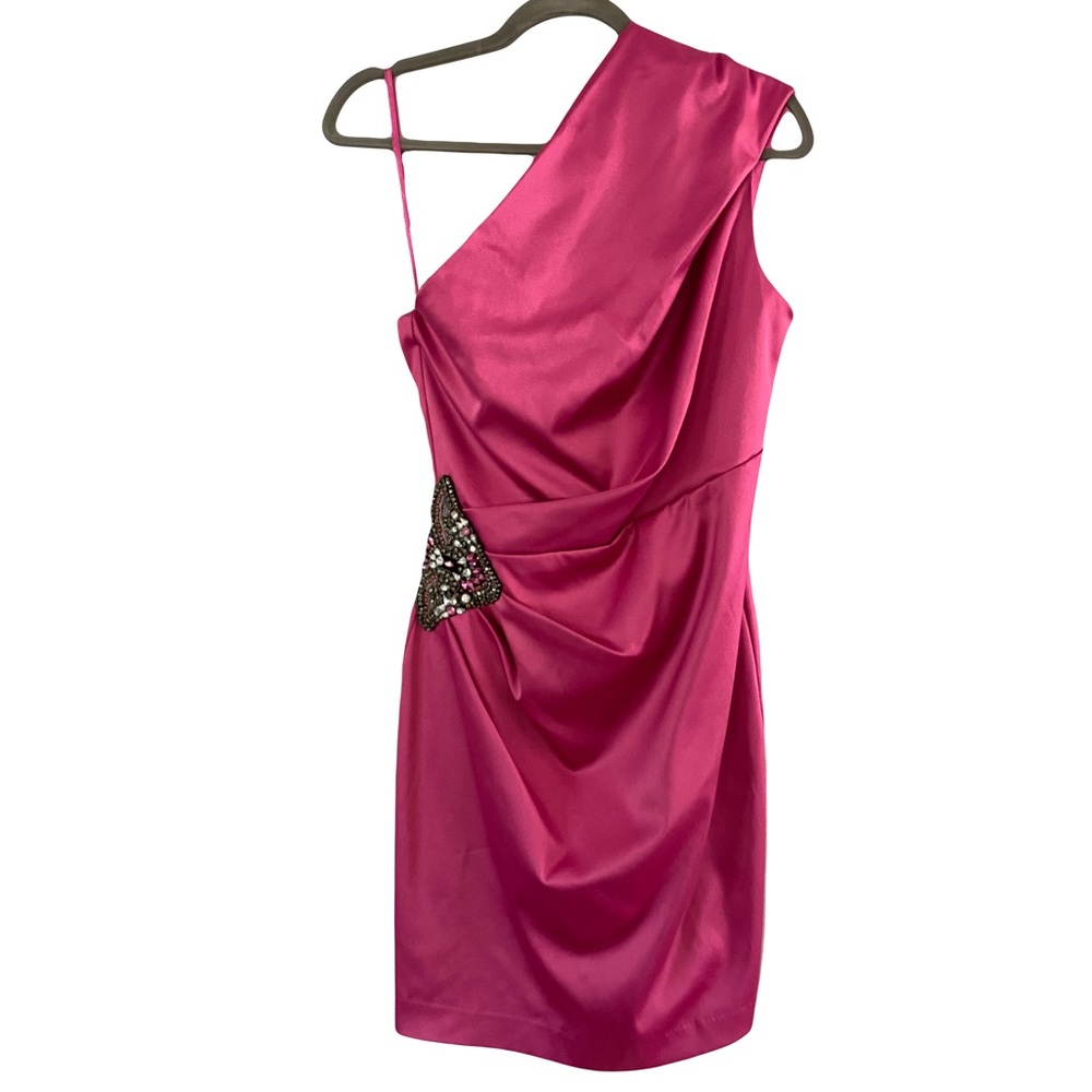 Eliza J | Dresses | Eliza J Beaded Hot Pink One Shoulder Satin Cocktail Dress